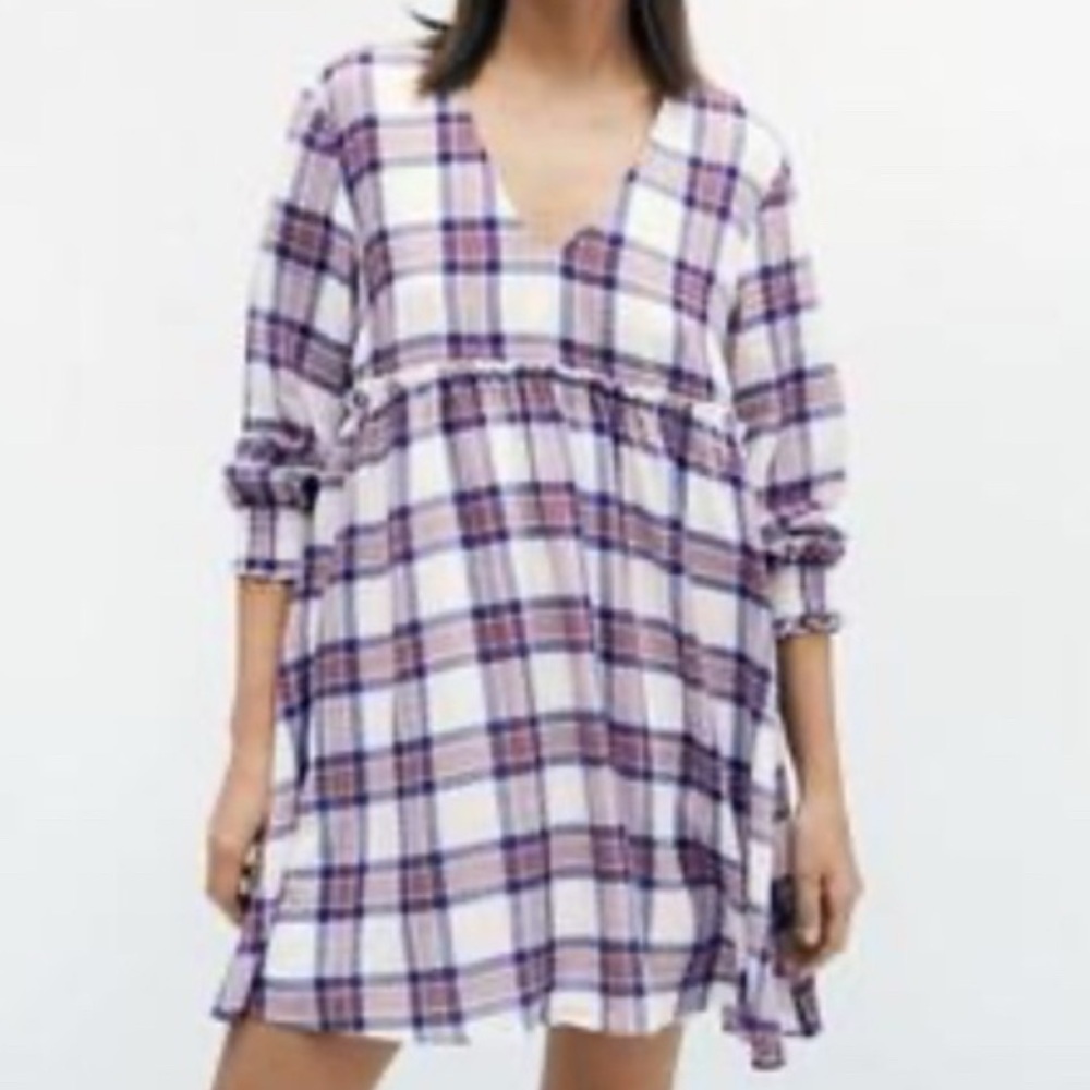 Zara White Red Blue Plaid V/Neck Fit& Flare Pleat Tunic Mini Dress Size Small